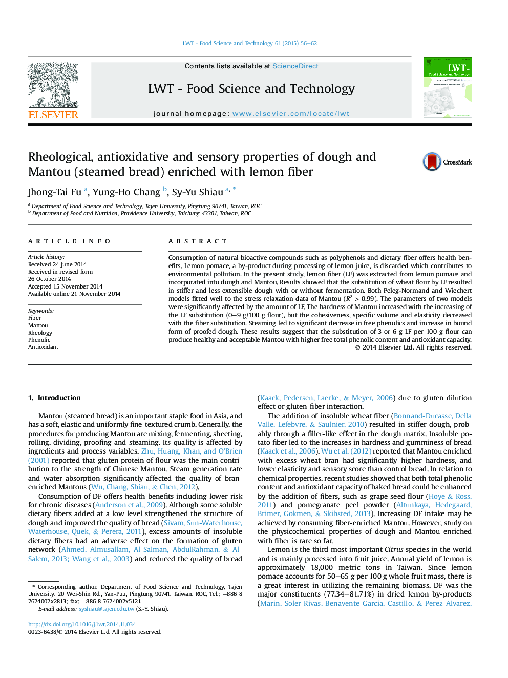 Rheological, antioxidative and sensory properties of dough and Mantou (steamed bread) enriched with lemon fiber