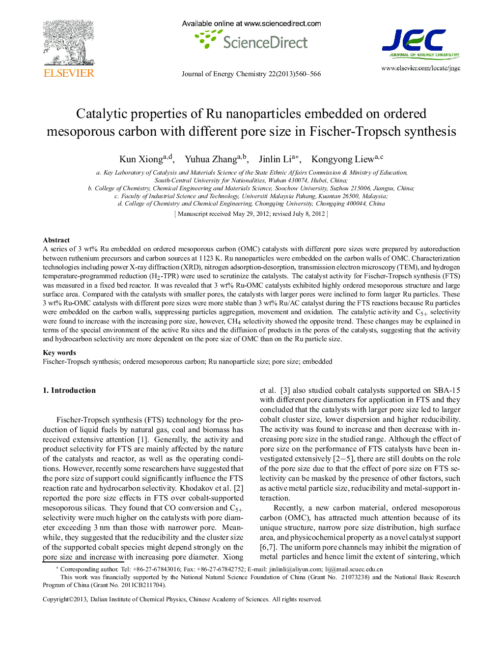 Catalytic properties of Ru nanoparticles embedded on ordered mesoporous carbon with different pore size in Fischer-Tropsch synthesis 