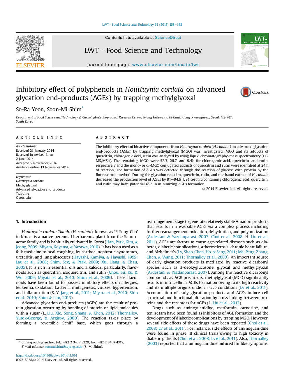 Inhibitory effect of polyphenols in Houttuynia cordata on advanced glycation end-products (AGEs) by trapping methylglyoxal