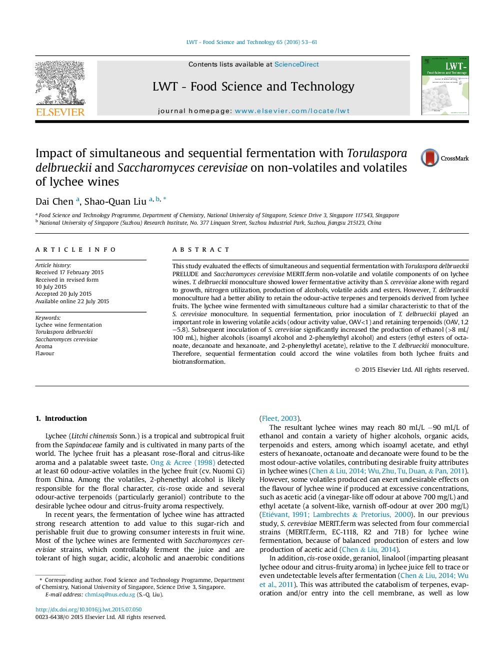 Impact of simultaneous and sequential fermentation with Torulaspora delbrueckii and Saccharomyces cerevisiae on non-volatiles and volatiles of lychee wines