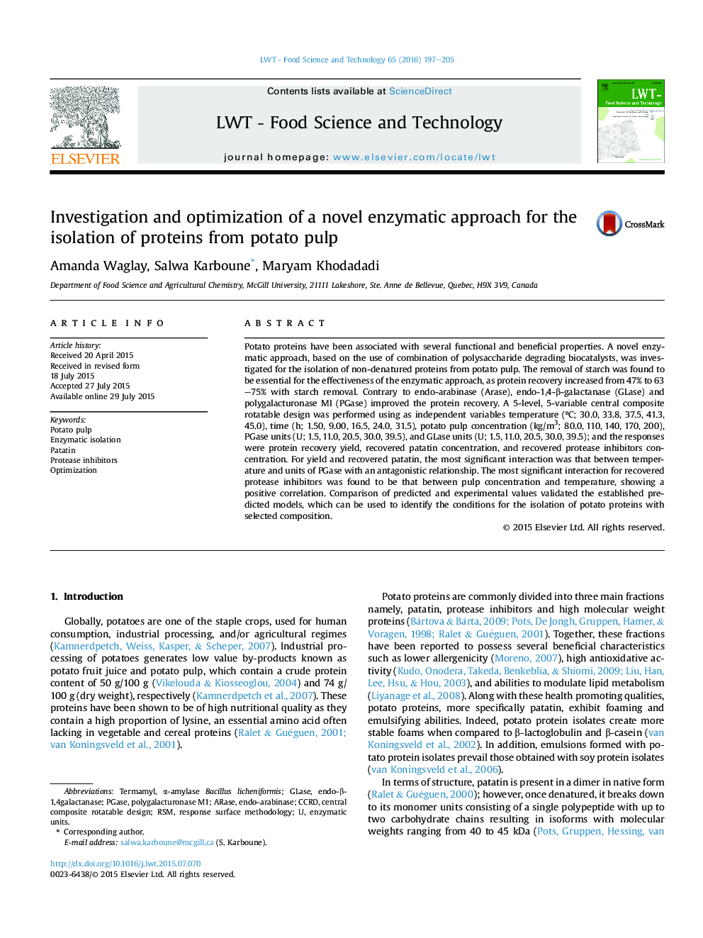 بررسی و بهینه سازی یک رویکرد آنزیمی جدید برای جداسازی پروتئین از پالپ سیب زمینی 