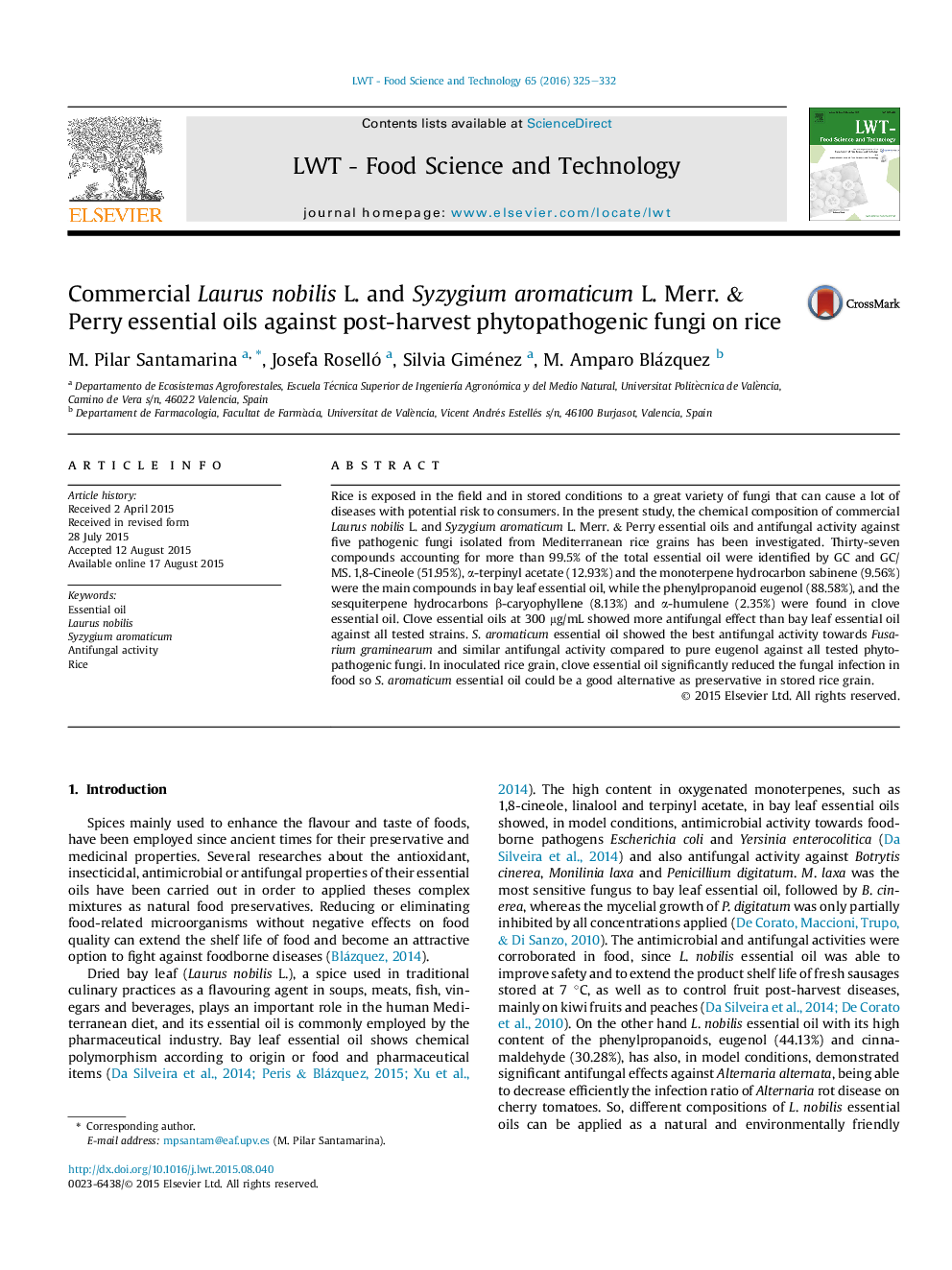 Commercial Laurus nobilis L. and Syzygium aromaticum L. Merr. & Perry essential oils against post-harvest phytopathogenic fungi on rice