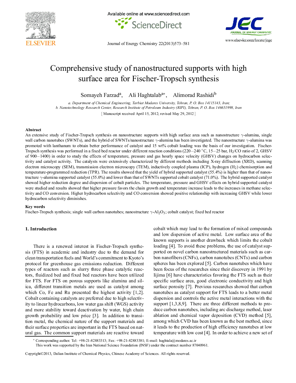 Comprehensive study of nanostructured supports with high surface area for Fischer-Tropsch synthesis 