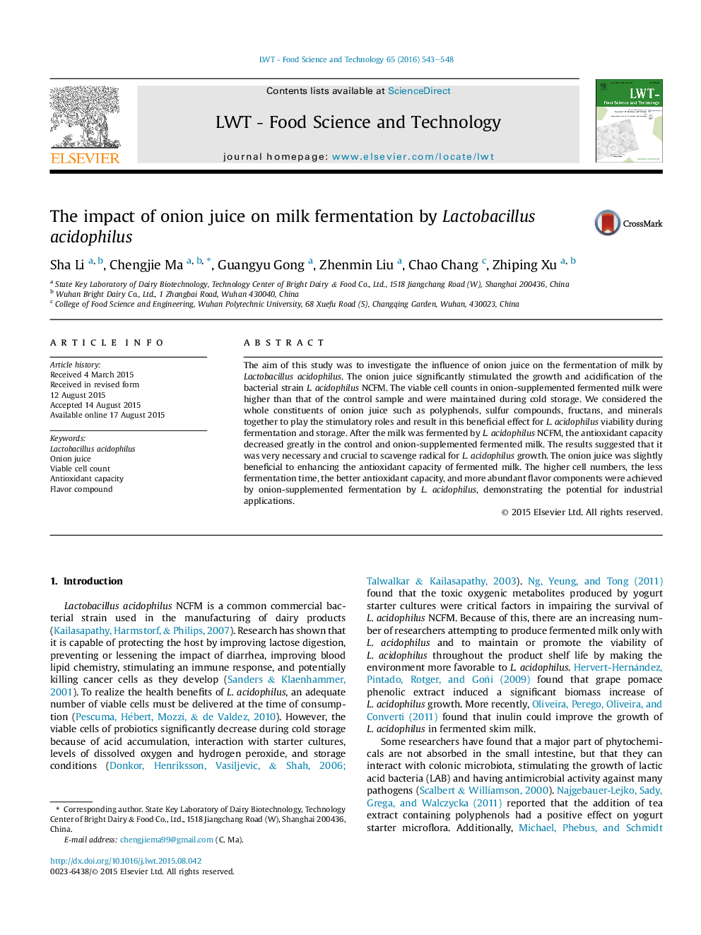 The impact of onion juice on milk fermentation by Lactobacillus acidophilus