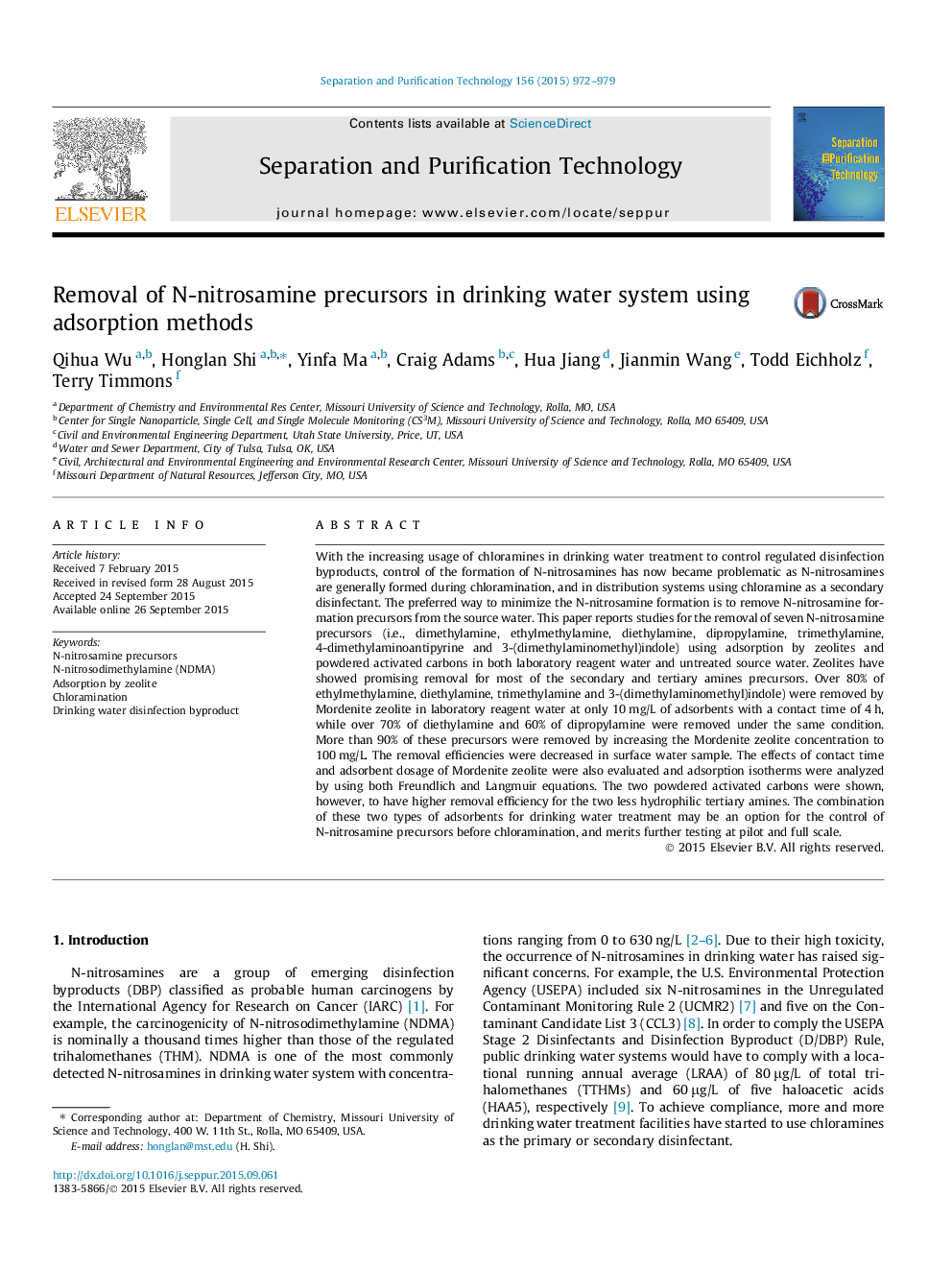 Removal of N-nitrosamine precursors in drinking water system using adsorption methods