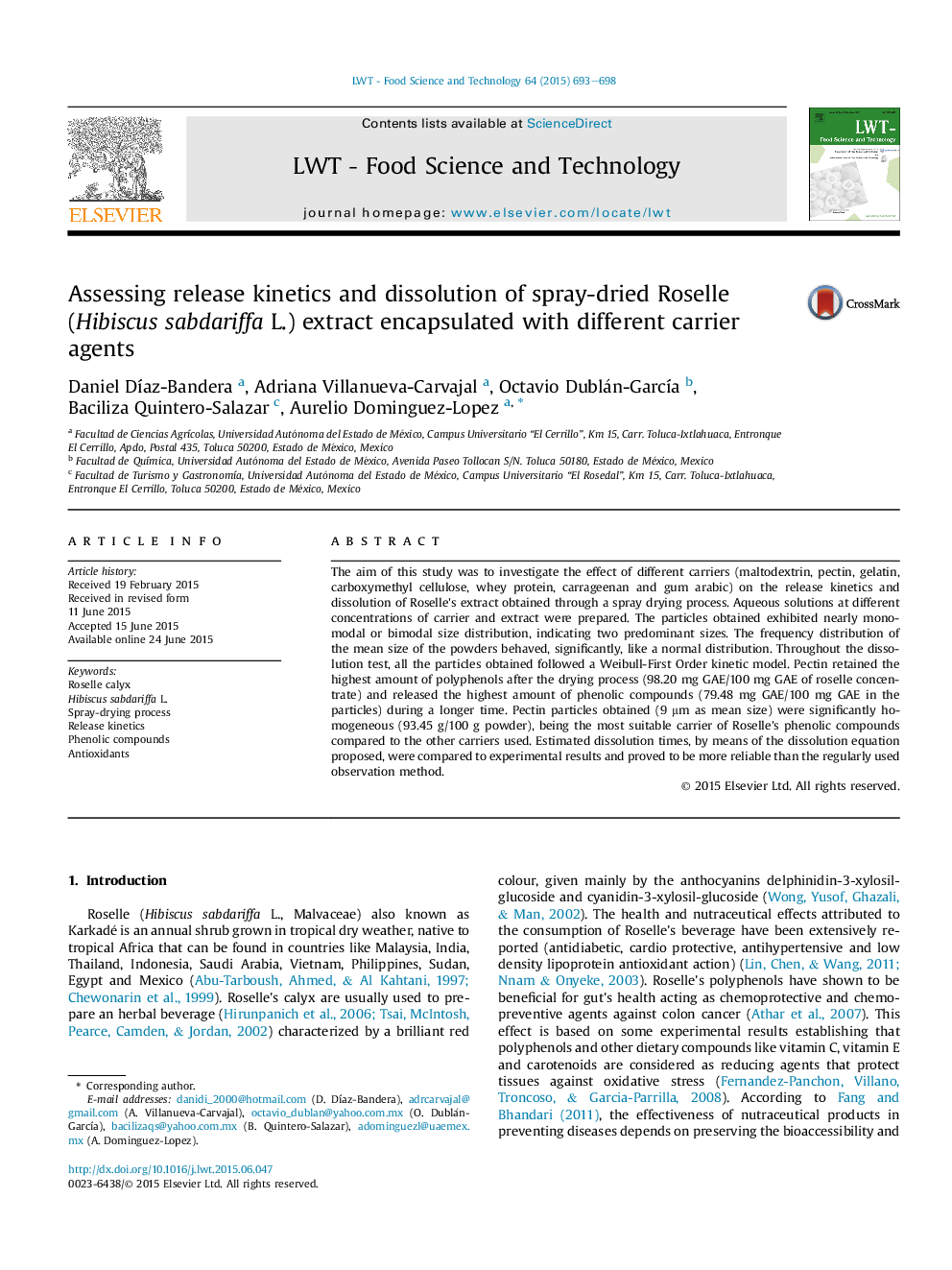 Assessing release kinetics and dissolution of spray-dried Roselle (Hibiscus sabdariffa L.) extract encapsulated with different carrier agents