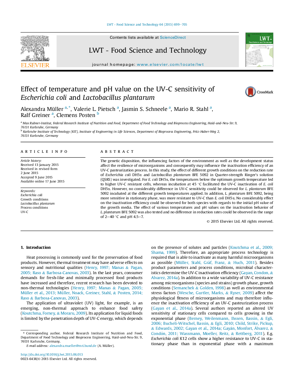 Effect of temperature and pH value on the UV-C sensitivity of EscherichiaÂ coli and LactobacillusÂ plantarum