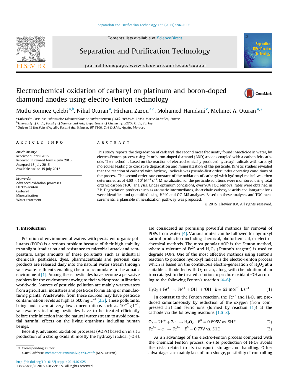 Electrochemical oxidation of carbaryl on platinum and boron-doped diamond anodes using electro-Fenton technology