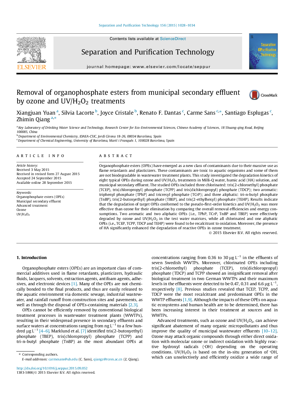 Removal of organophosphate esters from municipal secondary effluent by ozone and UV/H2O2 treatments