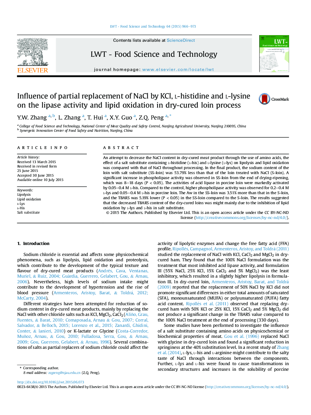 Influence of partial replacement of NaCl by KCl, l-histidine and l-lysine on the lipase activity and lipid oxidation in dry-cured loin process