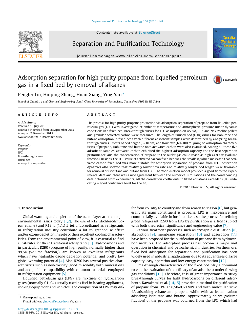 Adsorption separation for high purity propane from liquefied petroleum gas in a fixed bed by removal of alkanes