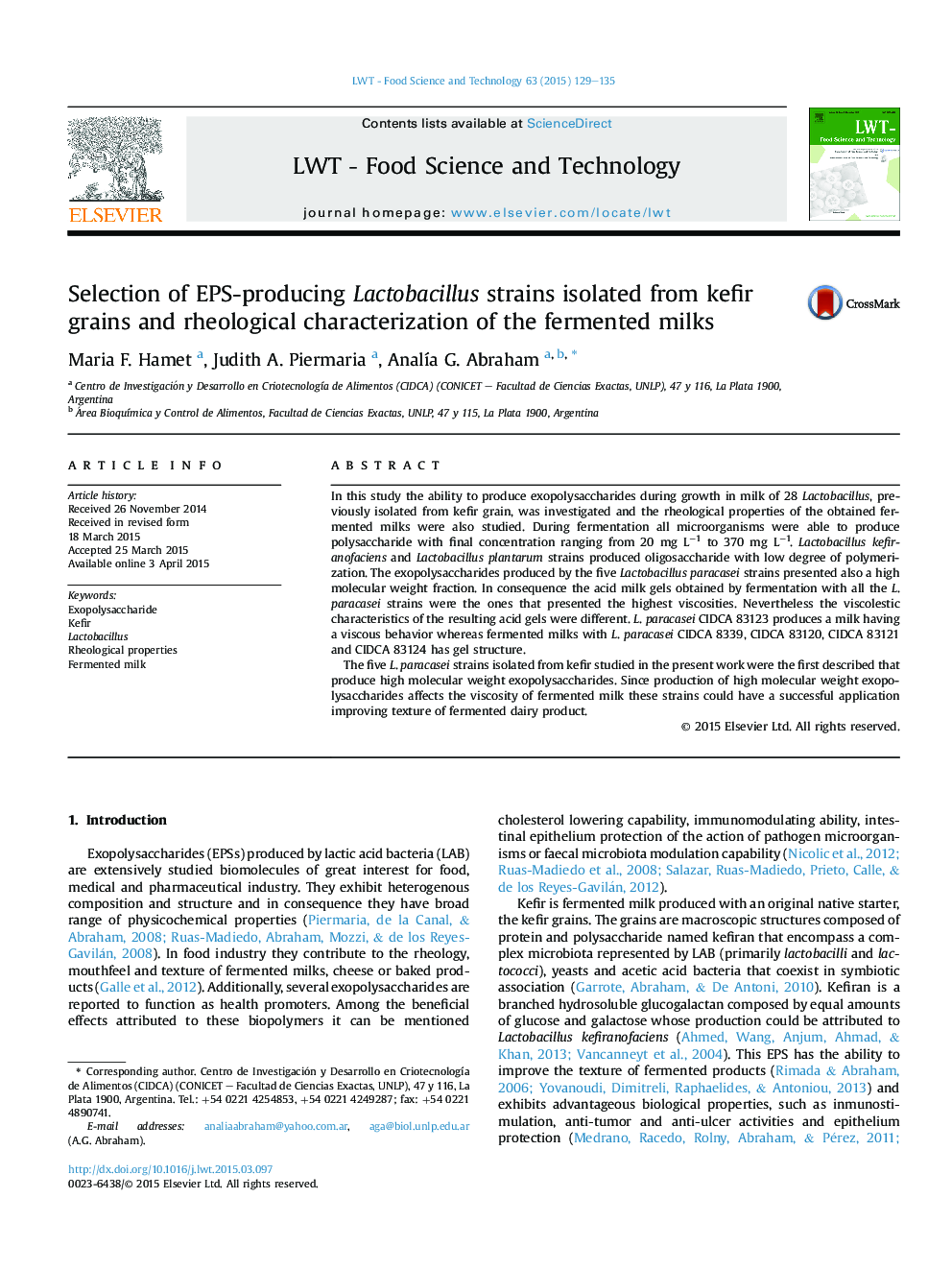 Selection of EPS-producing Lactobacillus strains isolated from kefir grains and rheological characterization of the fermented milks