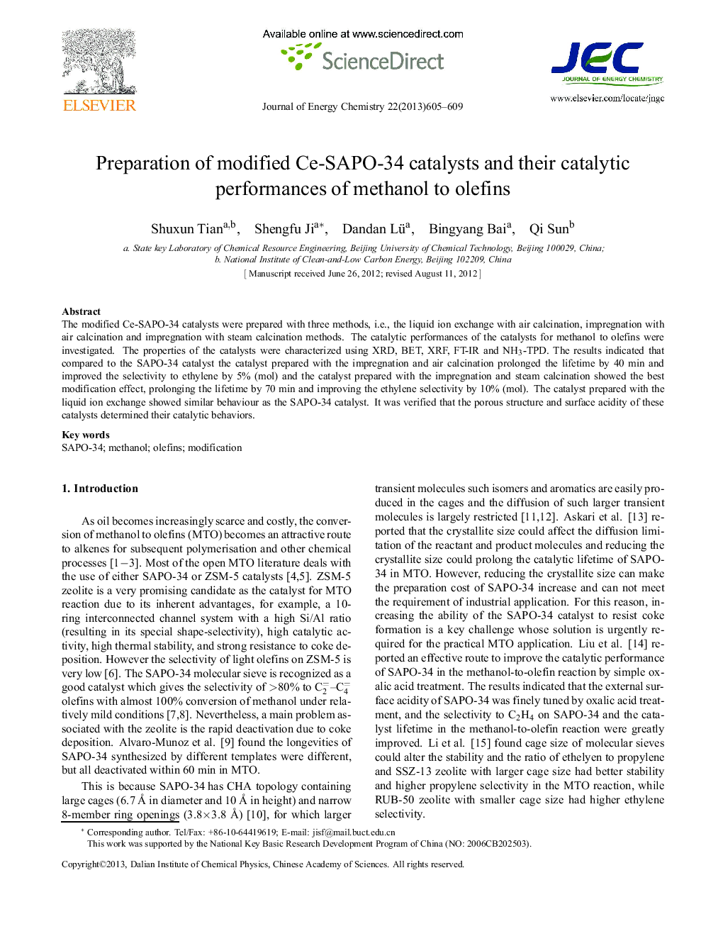 Preparation of modified Ce-SAPO-34 catalysts and their catalytic performances of methanol to olefins 