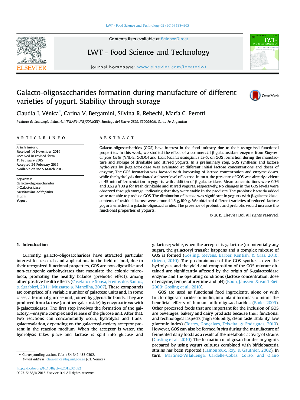 Galacto-oligosaccharides formation during manufacture of different varieties of yogurt. Stability through storage