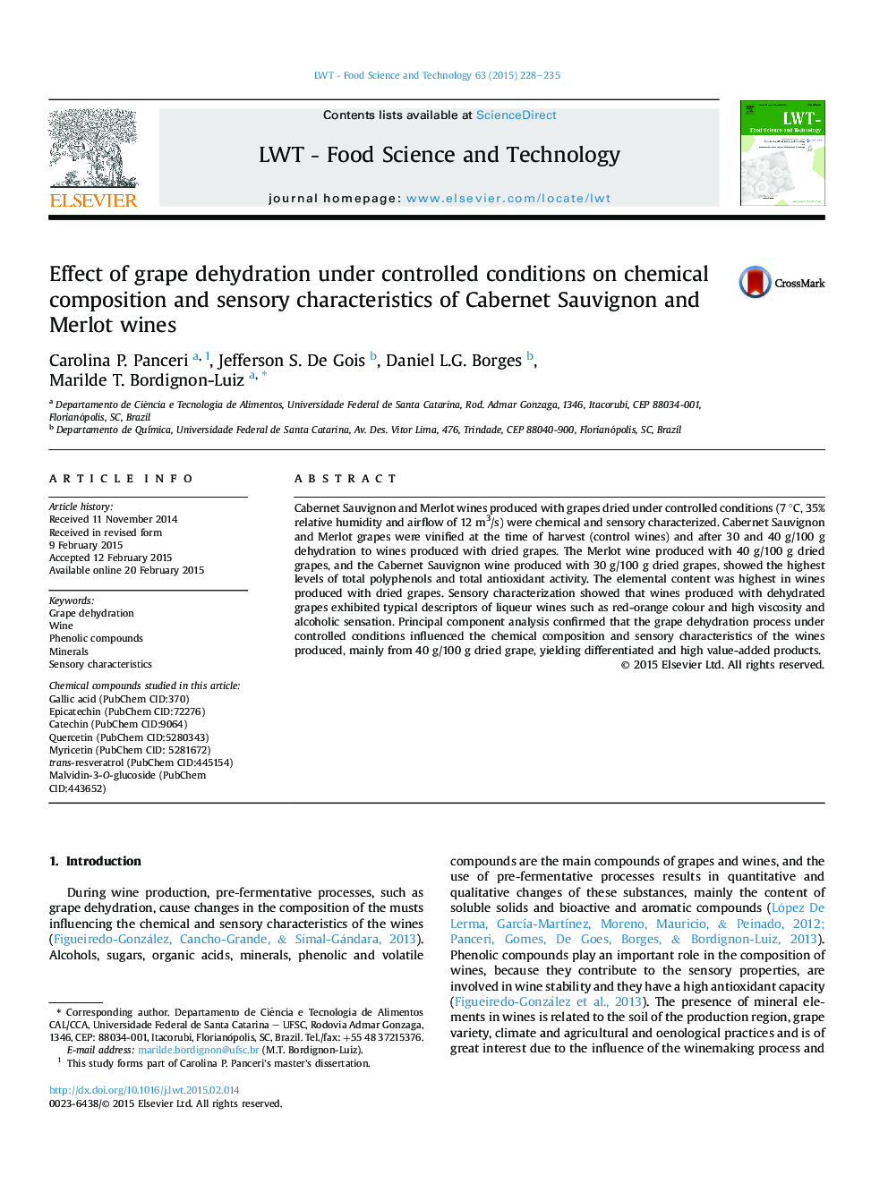 Effect of grape dehydration under controlled conditions on chemical composition and sensory characteristics of Cabernet Sauvignon and Merlot wines