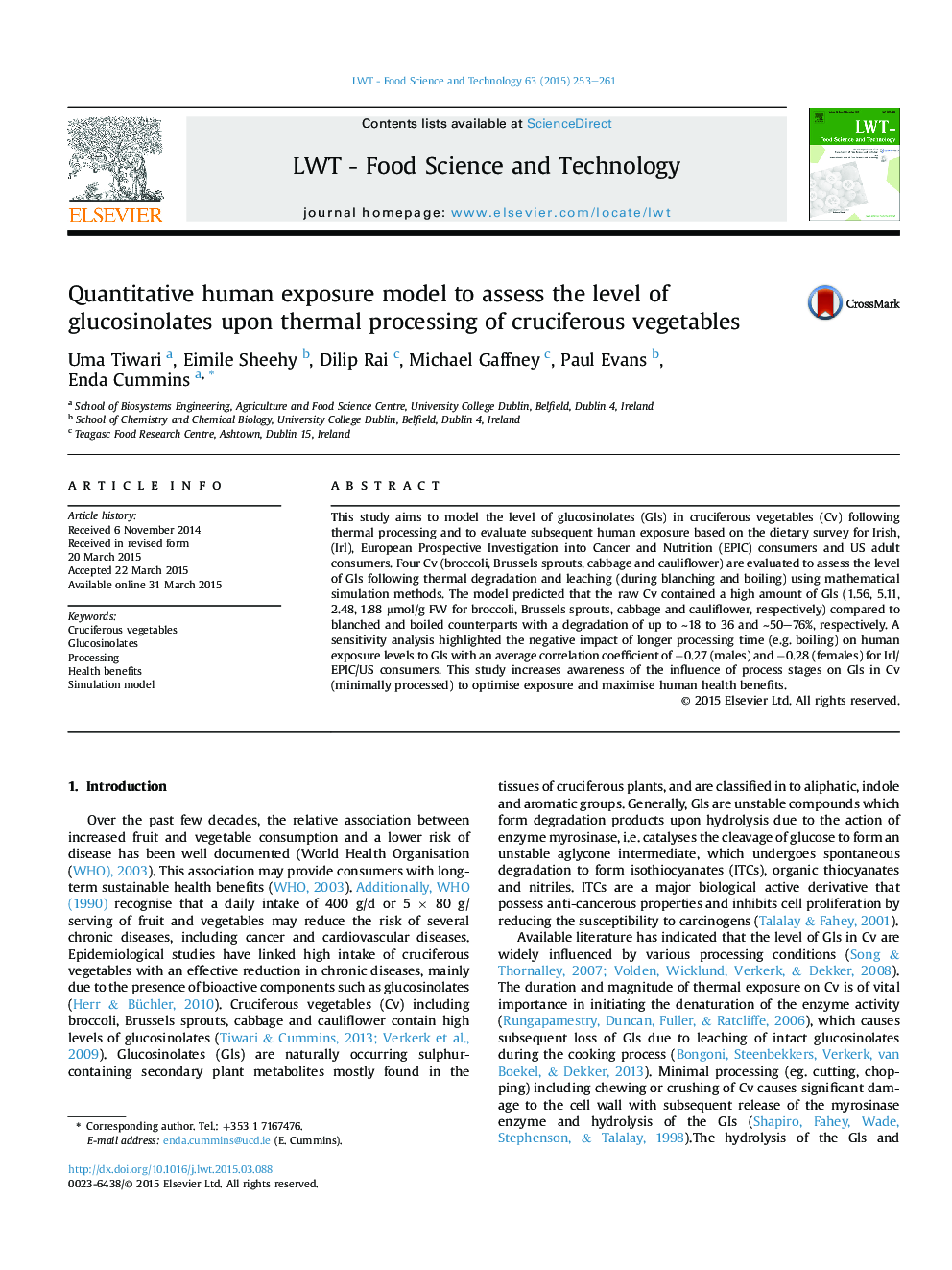 Quantitative human exposure model to assess the level of glucosinolates upon thermal processing of cruciferous vegetables