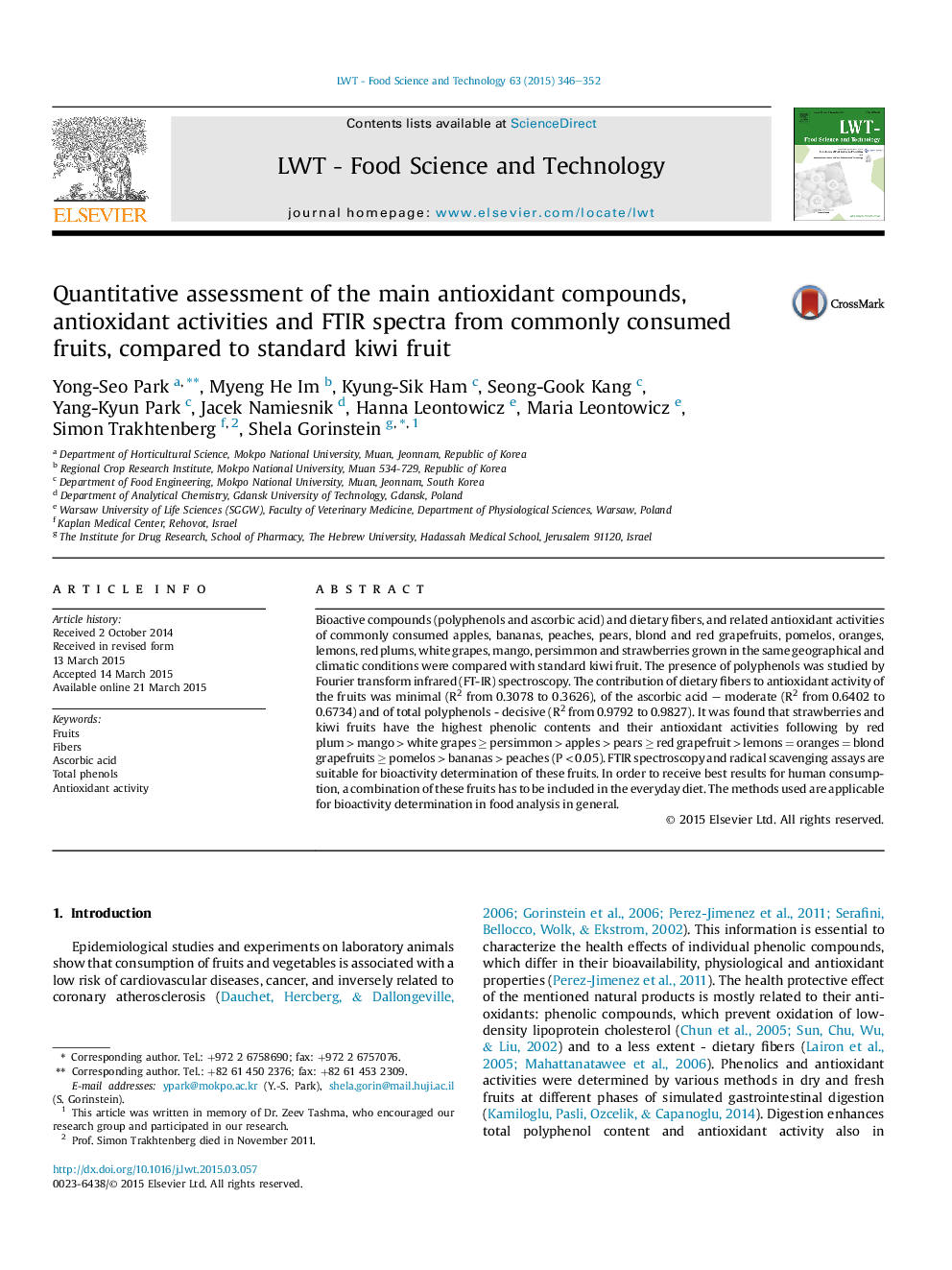 Quantitative assessment of the main antioxidant compounds, antioxidant activities and FTIR spectra from commonly consumed fruits, compared to standard kiwi fruit