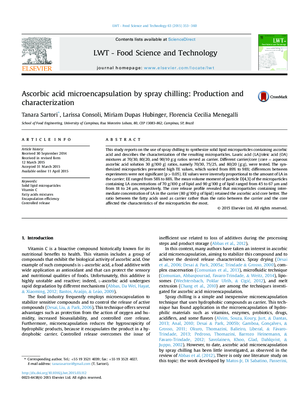 Ascorbic acid microencapsulation by spray chilling: Production and characterization