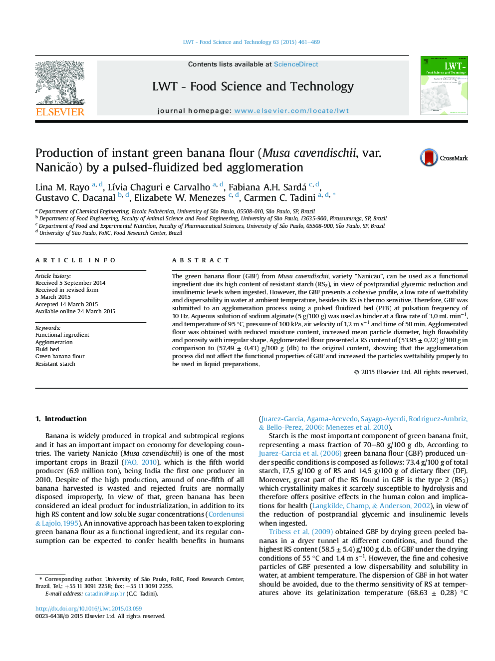 Production of instant green banana flour (Musa cavendischii, var. NanicÃ£o) by a pulsed-fluidized bed agglomeration