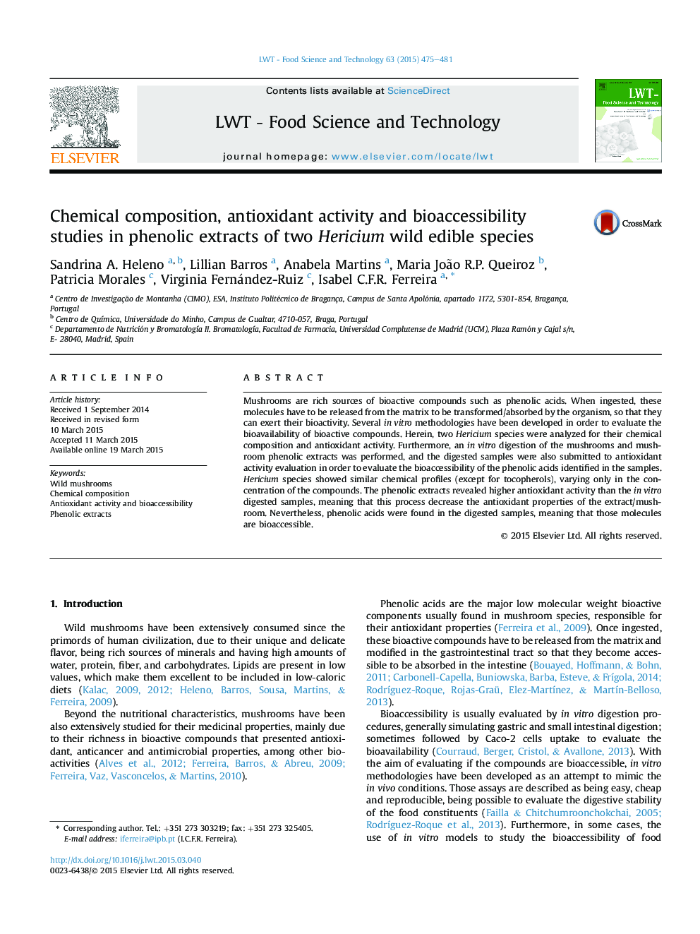 Chemical composition, antioxidant activity and bioaccessibility studies in phenolic extracts of two Hericium wild edible species