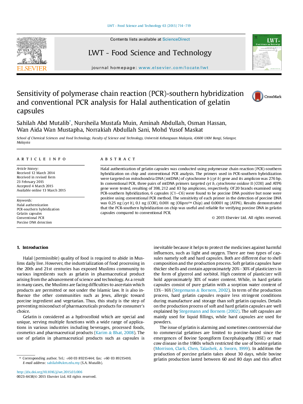 Sensitivity of polymerase chain reaction (PCR)-southern hybridization and conventional PCR analysis for Halal authentication of gelatin capsules