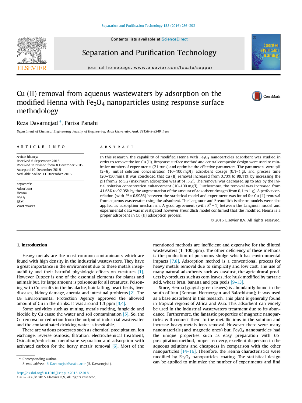 Cu (II) removal from aqueous wastewaters by adsorption on the modified Henna with Fe3O4 nanoparticles using response surface methodology