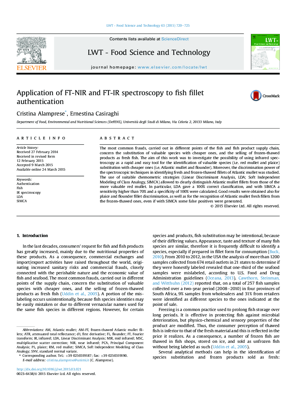 Application of FT-NIR and FT-IR spectroscopy to fish fillet authentication