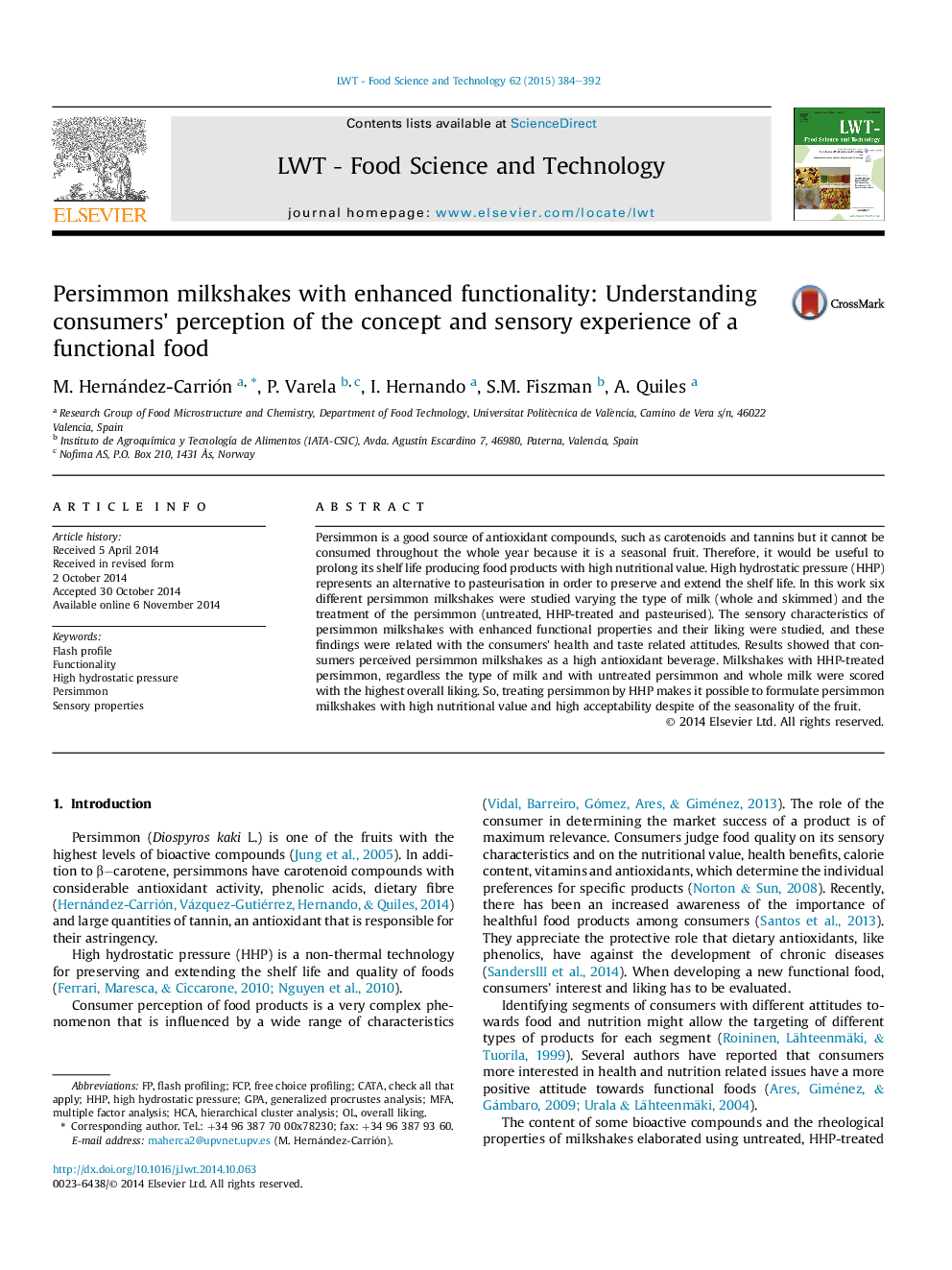 Persimmon milkshakes with enhanced functionality: Understanding consumers' perception of the concept and sensory experience of a functional food