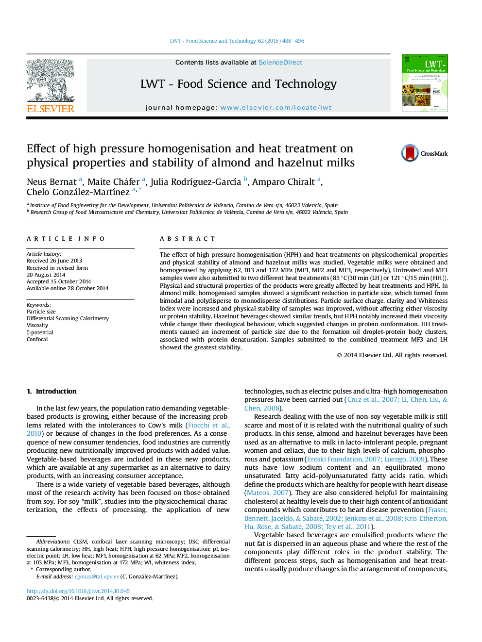 Effect of high pressure homogenisation and heat treatment on physical properties and stability of almond and hazelnut milks