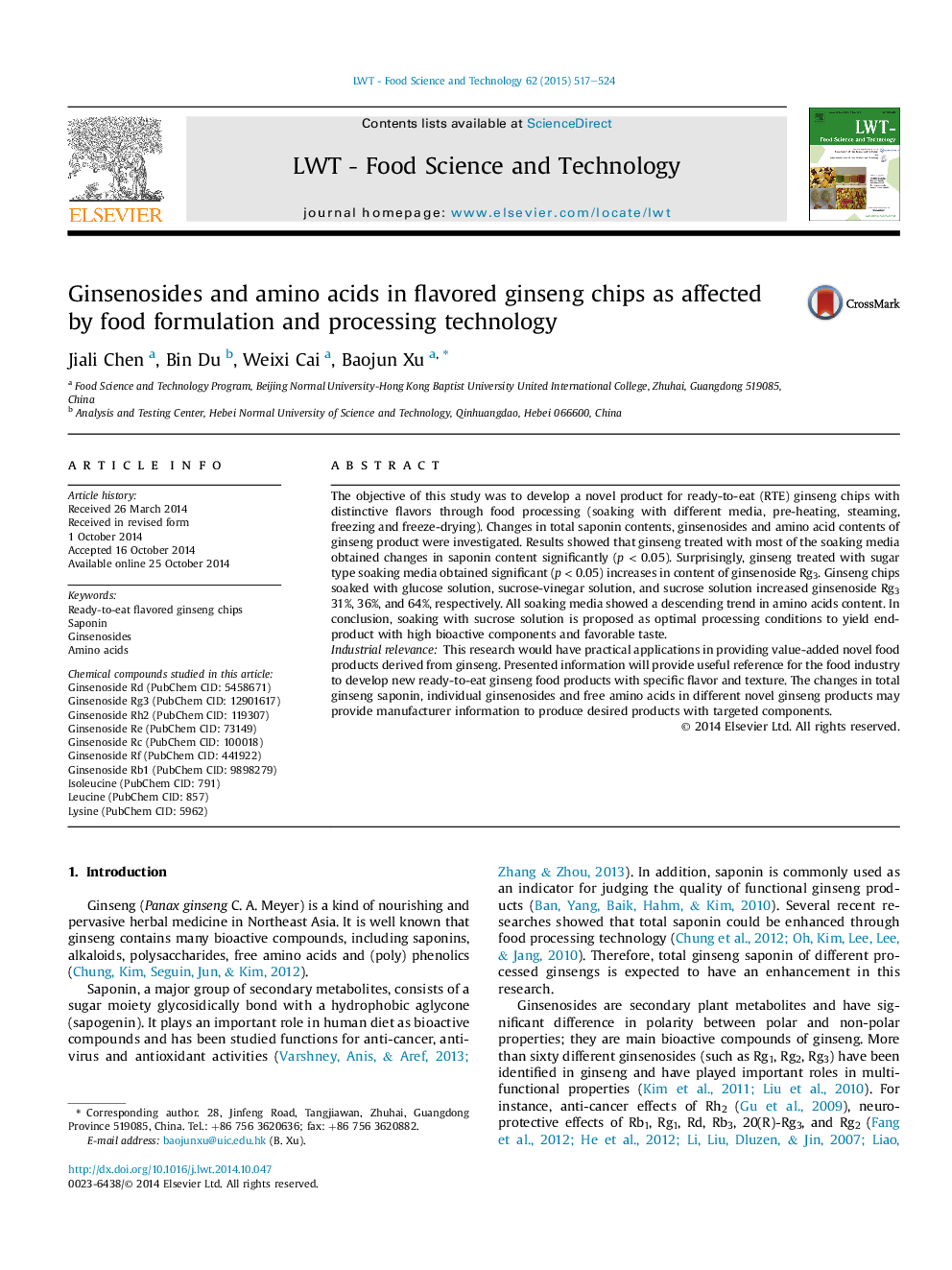 Ginsenosides and amino acids in flavored ginseng chips as affected byÂ food formulation and processing technology