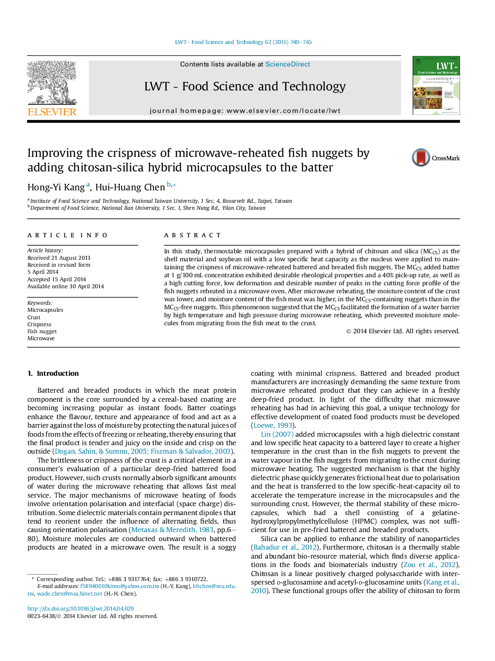 Improving the crispness of microwave-reheated fish nuggets by adding chitosan-silica hybrid microcapsules to the batter