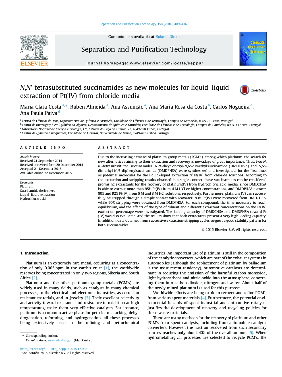 N,N′-tetrasubstituted succinamides as new molecules for liquid–liquid extraction of Pt(IV) from chloride media