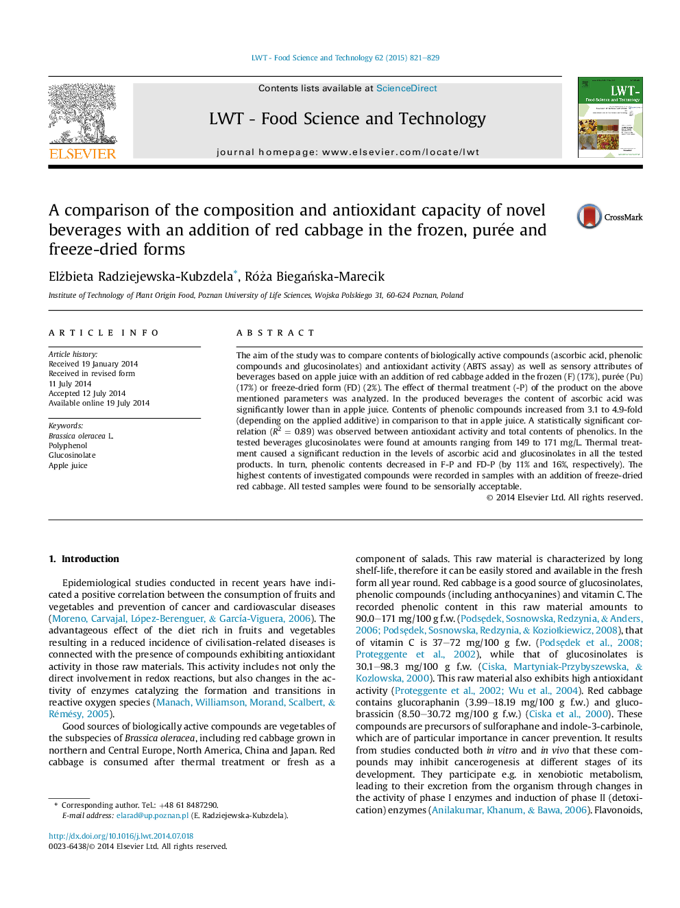 A comparison of the composition and antioxidant capacity of novel beverages with an addition of red cabbage in the frozen, purée and freeze-dried forms