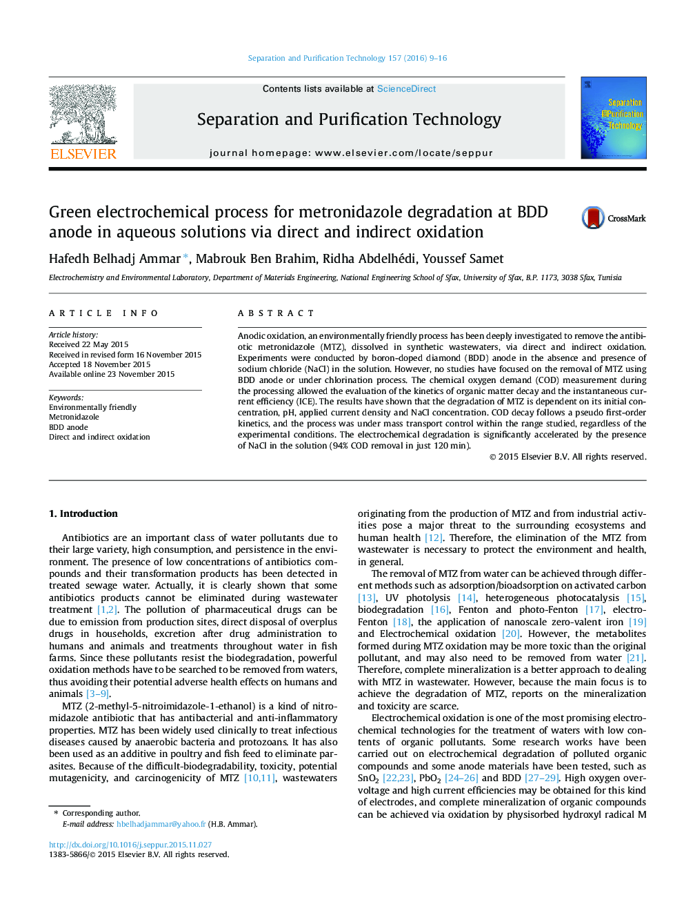 Green electrochemical process for metronidazole degradation at BDD anode in aqueous solutions via direct and indirect oxidation