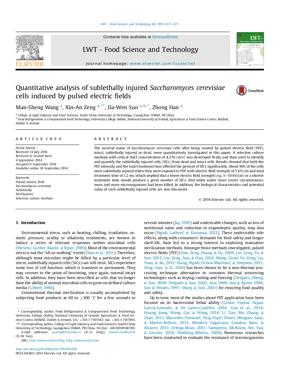 Quantitative analysis of sublethally injured Saccharomyces cerevisiae cells induced by pulsed electric fields