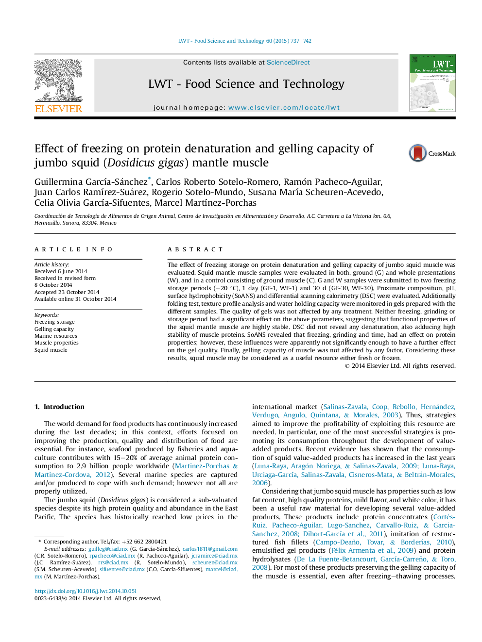 Effect of freezing on protein denaturation and gelling capacity of jumbo squid (Dosidicus gigas) mantle muscle