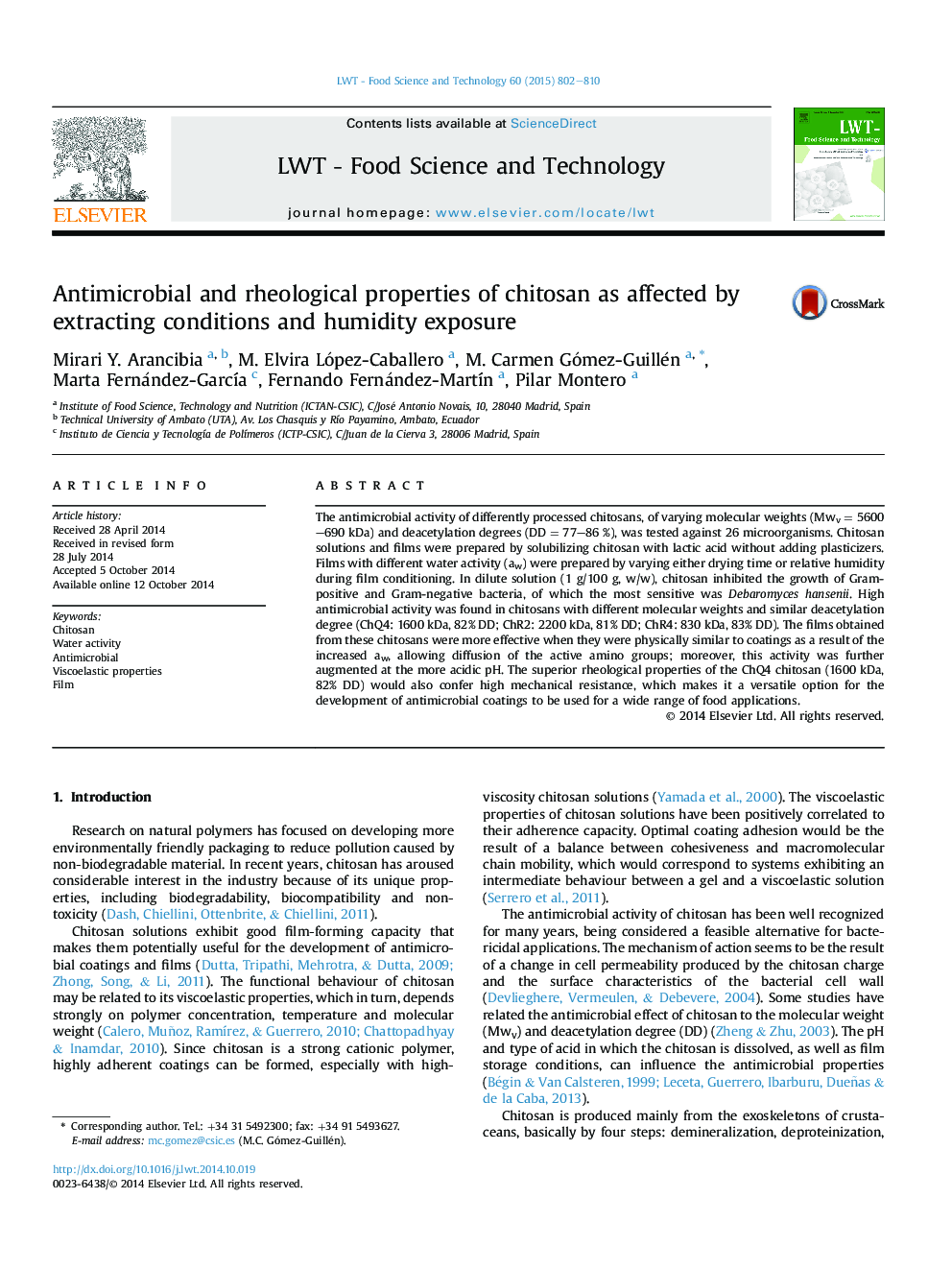 Antimicrobial and rheological properties of chitosan as affected by extracting conditions and humidity exposure