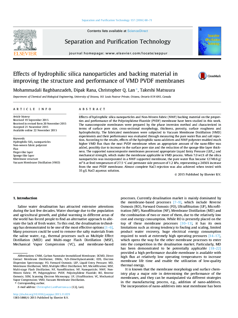 Effects of hydrophilic silica nanoparticles and backing material in improving the structure and performance of VMD PVDF membranes