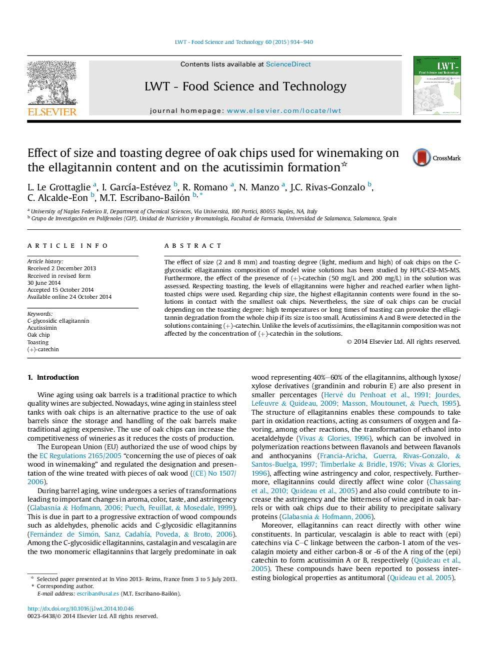 Effect of size and toasting degree of oak chips used for winemaking on the ellagitannin content and on the acutissimin formation