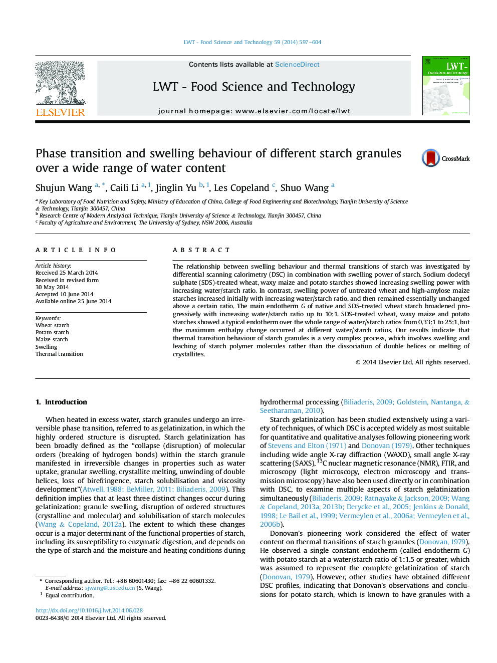 Phase transition and swelling behaviour of different starch granules over a wide range of water content