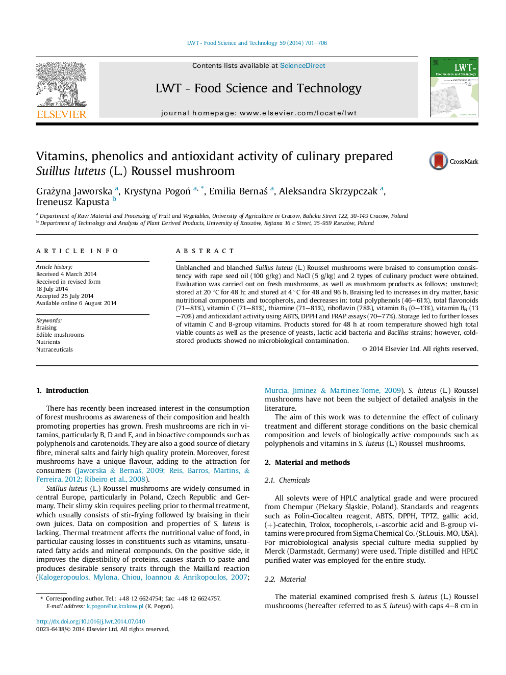 Vitamins, phenolics and antioxidant activity of culinary prepared Suillus luteus (L.) Roussel mushroom