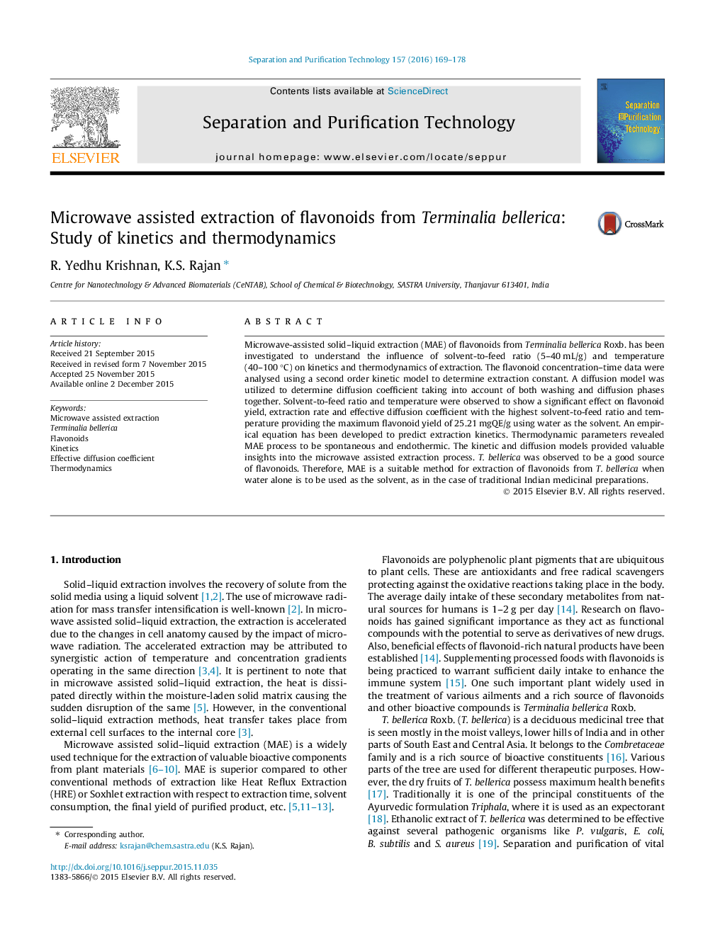 Microwave assisted extraction of flavonoids from Terminalia bellerica: Study of kinetics and thermodynamics