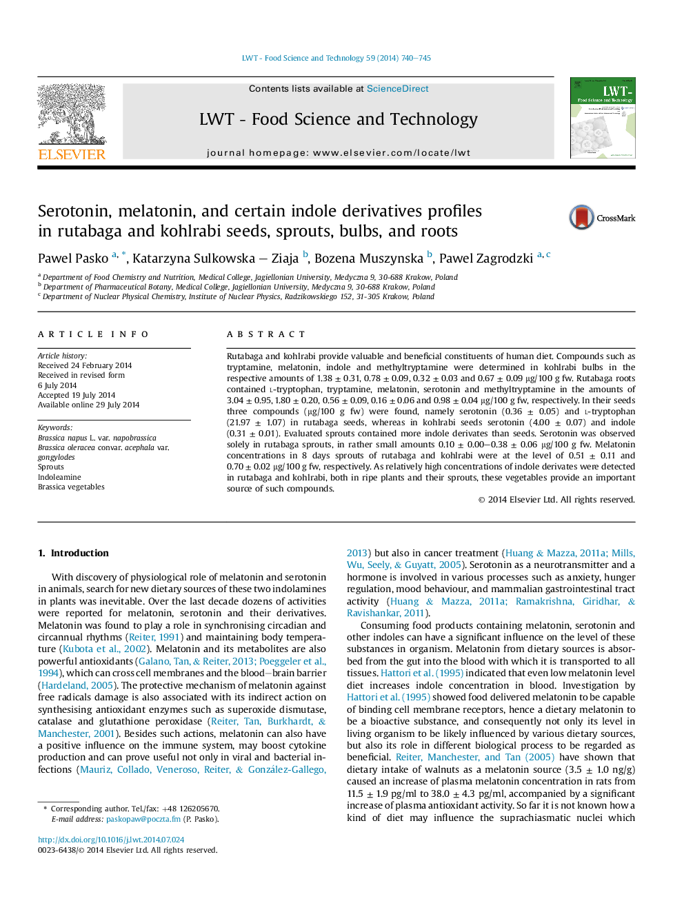 Serotonin, melatonin, and certain indole derivatives profiles in rutabaga and kohlrabi seeds, sprouts, bulbs, and roots