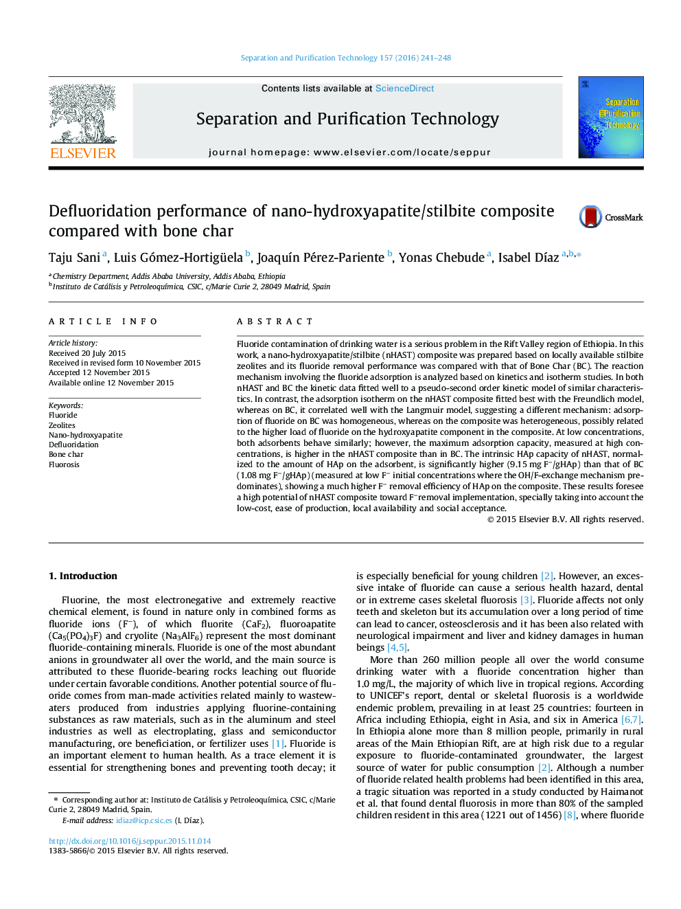 Defluoridation performance of nano-hydroxyapatite/stilbite composite compared with bone char