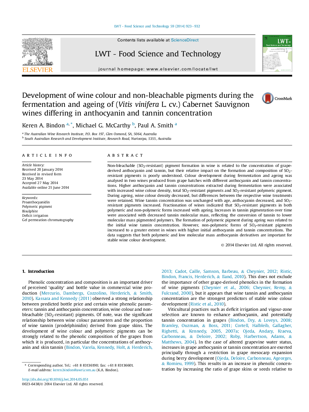 Development of wine colour and non-bleachable pigments during the fermentation and ageing of (Vitis vinifera L. cv.) Cabernet Sauvignon wines differing in anthocyanin and tannin concentration