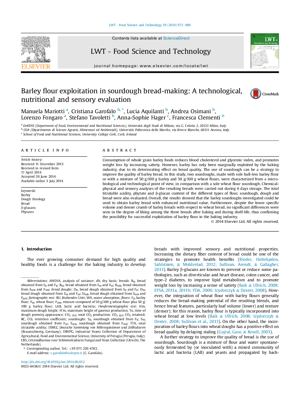 Barley flour exploitation in sourdough bread-making: A technological, nutritional and sensory evaluation