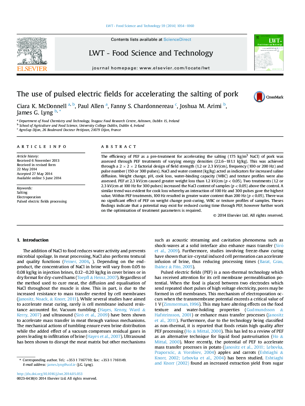 The use of pulsed electric fields for accelerating the salting of pork