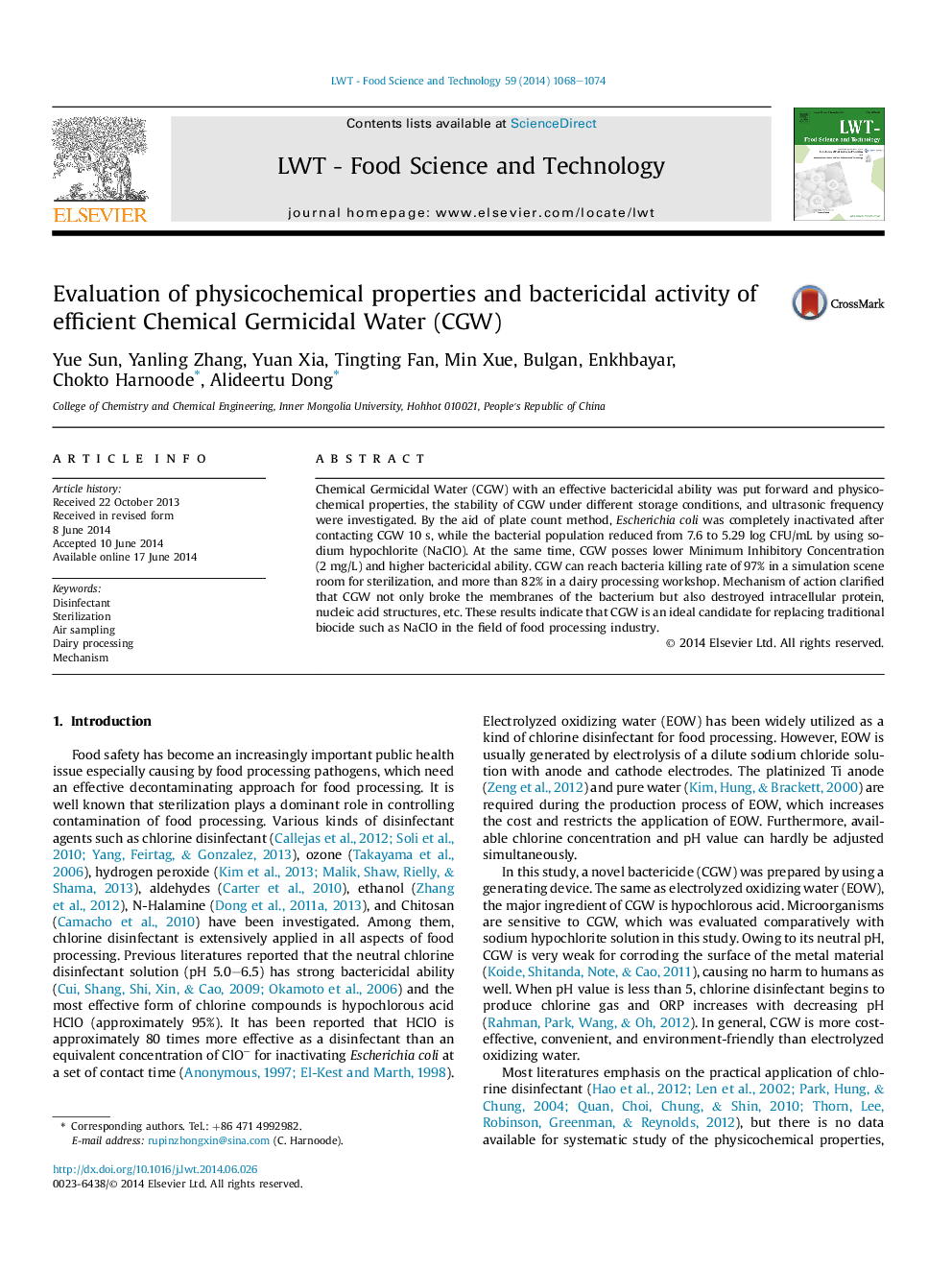 Evaluation of physicochemical properties and bactericidal activity of efficient Chemical Germicidal Water (CGW)