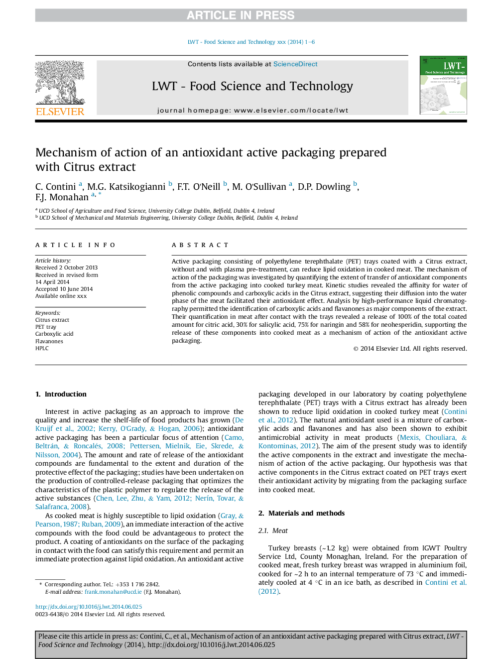 Mechanism of action of an antioxidant active packaging prepared with Citrus extract