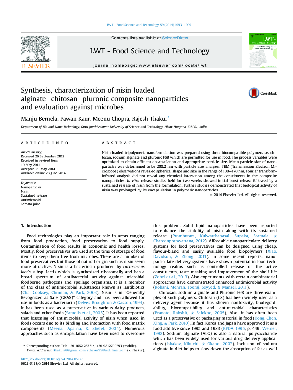 Synthesis, characterization of nisin loaded alginate-chitosan-pluronic composite nanoparticles and evaluation against microbes